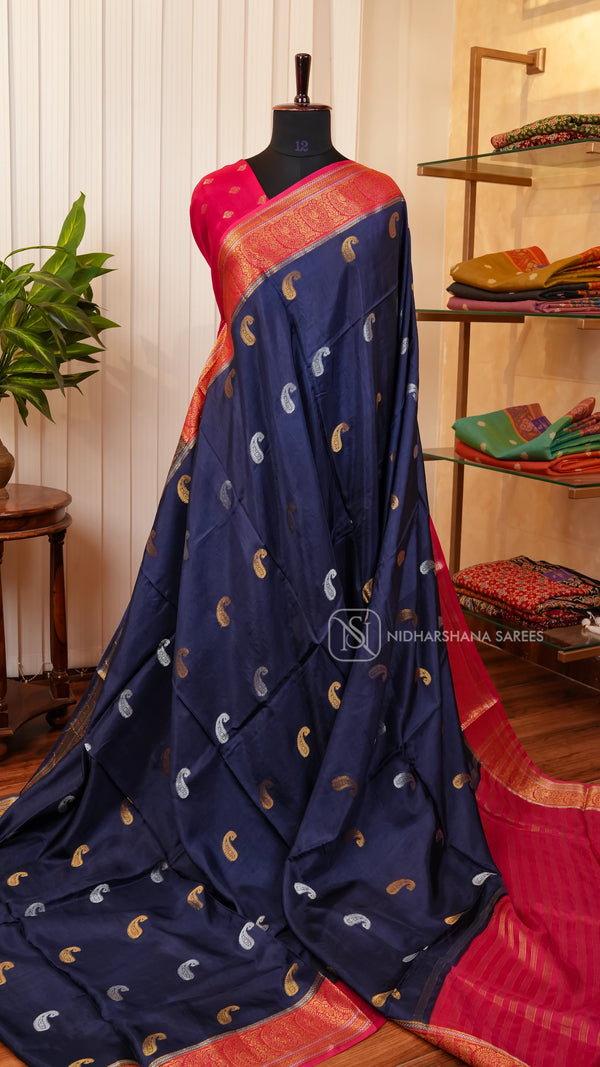 Semi Viscose Silk With Silver And Golden Mango Zari Butta Concept