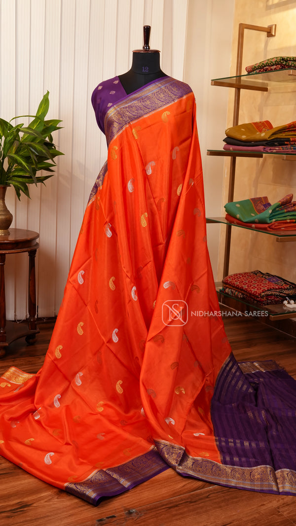 Semi Viscose Silk With Silver And Golden Mango Zari Butta Concept