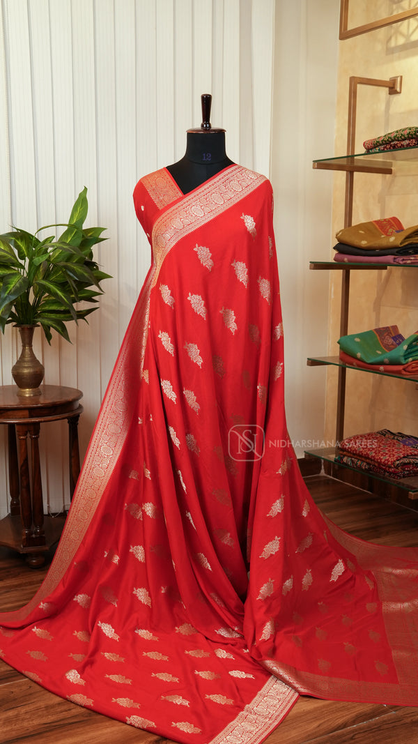 Premium Crepe With Floral Zari Butta And Zari Weaving Border