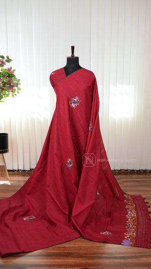 Semi Matka Tussar Silk Saree With Katha Stitching And Sequin Work Concept