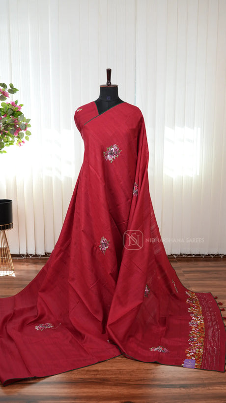 Semi Matka Tussar Silk Saree With Katha Stitching And Sequin Work Concept
