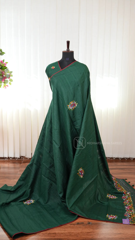 Semi Matka Tussar Silk Saree With Katha Stitching And Sequin Work Concept