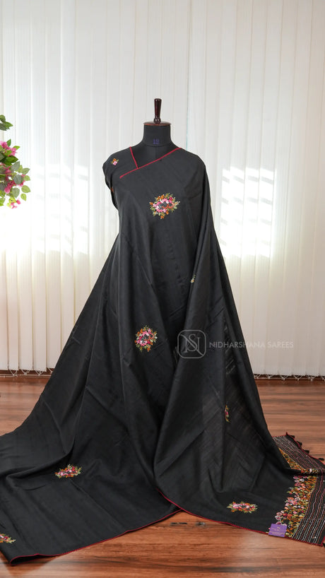 Semi Matka Tussar Silk Saree With Katha Stitching And Sequin Work Concept