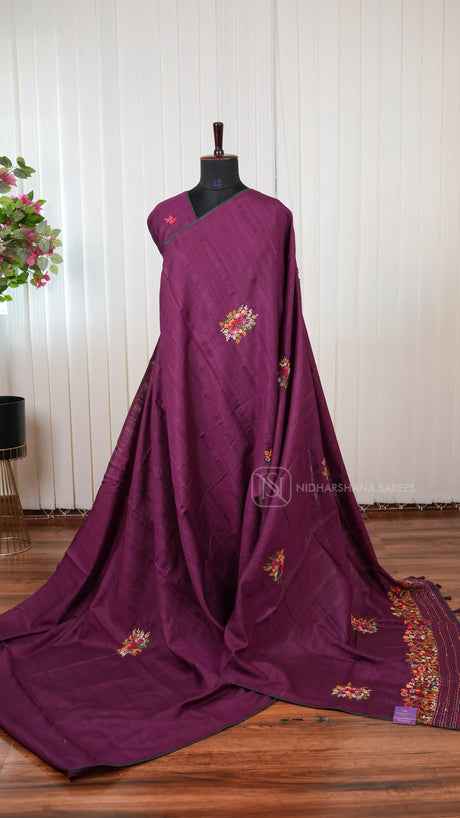 Semi Matka Tussar Silk Saree With Katha Stitching And Sequin Work Concept