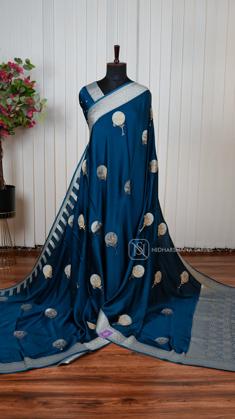 Premium Pure Mushru Satin Saree with Meena Butta And Mango Motif Design and Rich Pallu