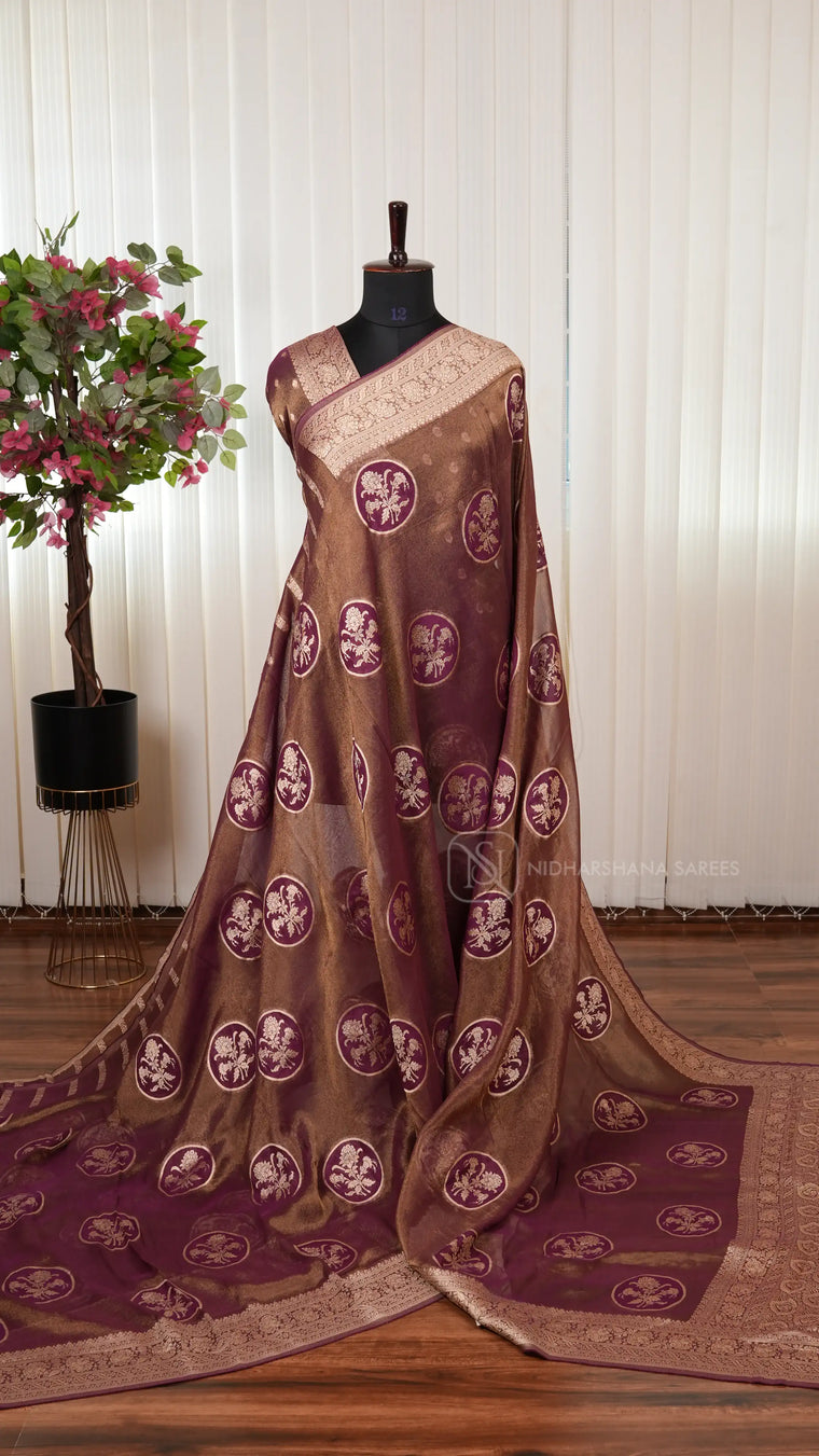 Premium Crepe Tissue Saree with All-Over Floral Design and Elegant Zari Butta