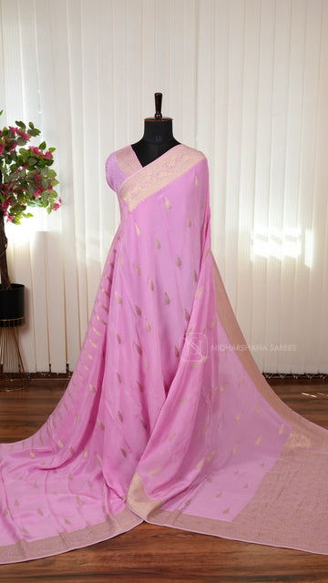 Premium Crepe Georgette Saree with All-Over Butta Motifs and Elegant Zari Border
