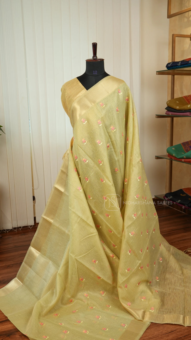 Tissue With Thread Embroidery Butta And Zari Border