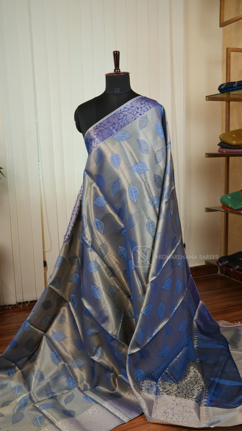 Tissue Saree With Leaf Butta And Zari Border