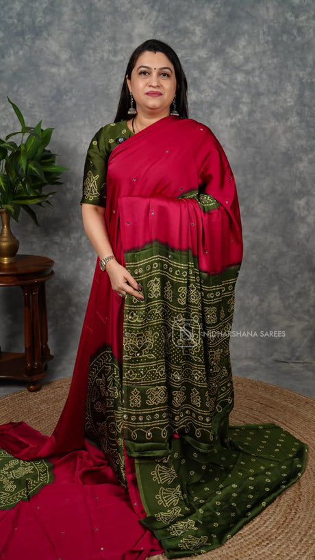 Semi Satin Saree With Bandhini Print And Mirror Work Concept