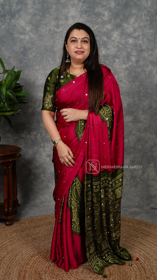 Semi Satin Saree With Bandhini Print And Mirror Work Concept