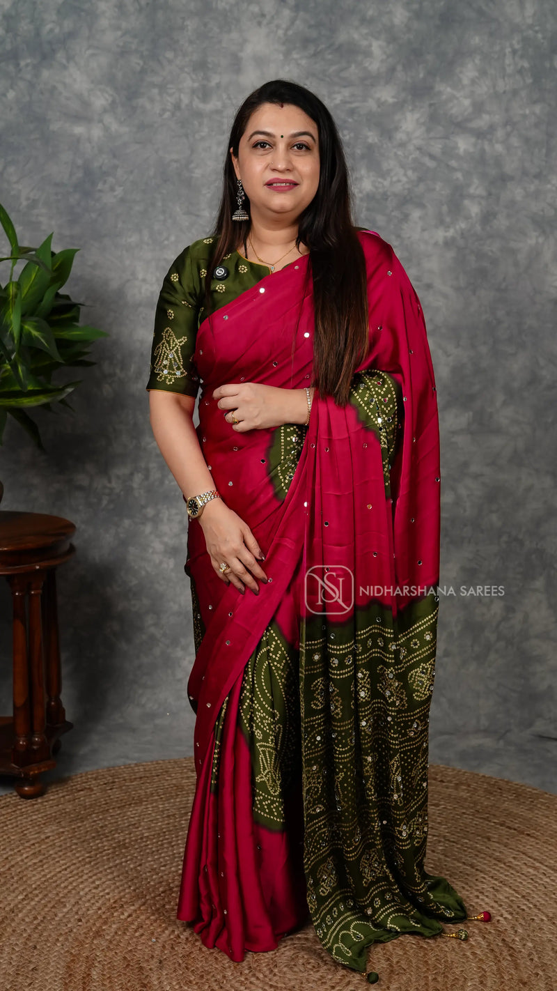 Semi Satin Saree With Bandhini Print And Mirror Work Concept