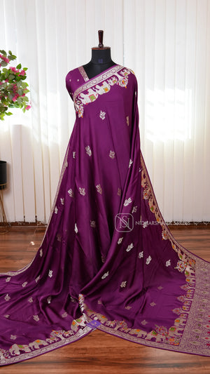 Premium Mashru Satin Saree with Meena Work Border, Water Zari Butta and Rich Pallu