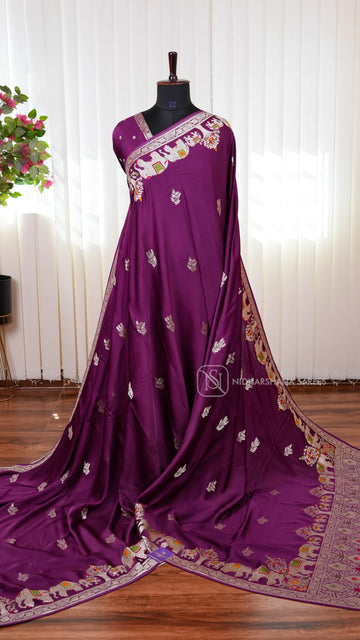Premium Mashru Satin Saree with Meena Work Border, Water Zari Butta and Rich Pallu