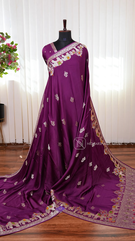 Premium Mashru Satin Saree with Meena Work Border, Water Zari Butta and Rich Pallu