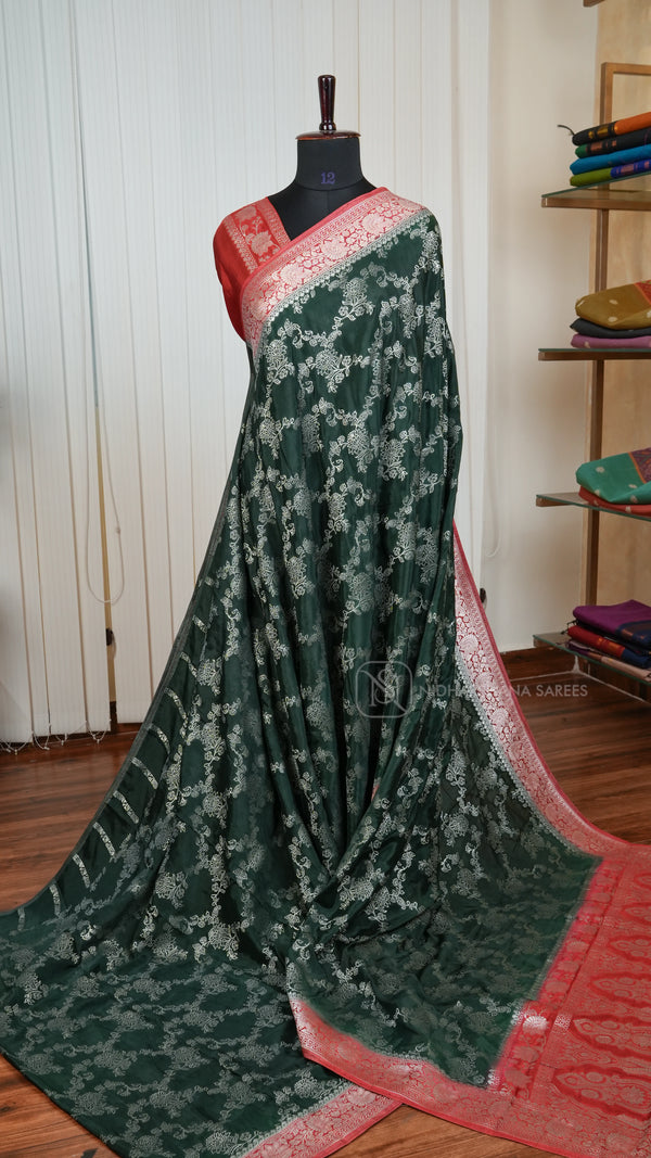 Premium Viscose Silk With Silver And Gold Zari Lines And Contrast Border