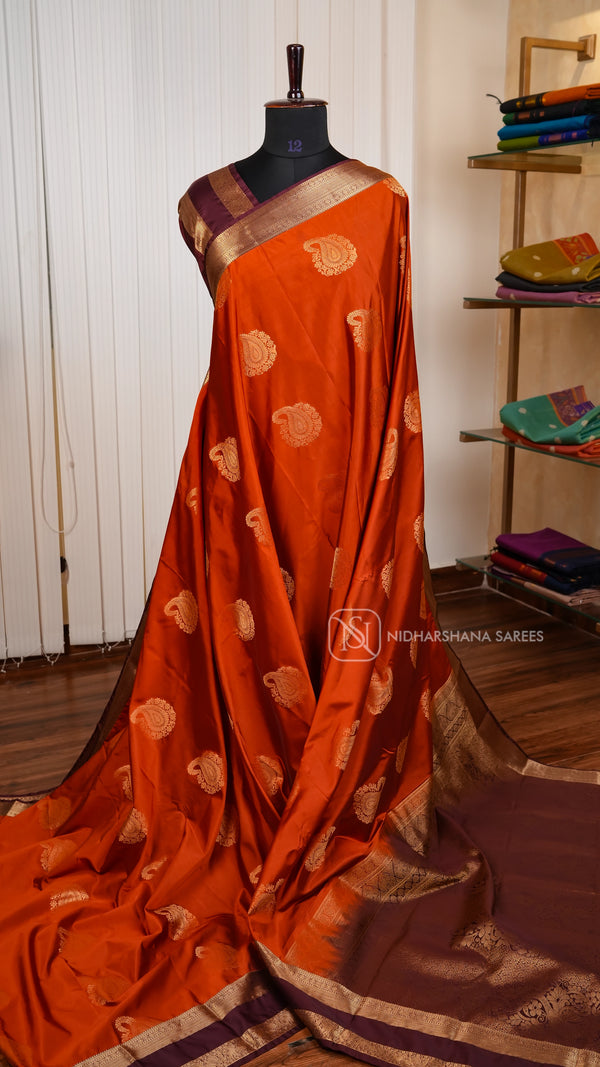 Semi Kanchipuram Silk With Mango Zari Butta And Gap Style Border