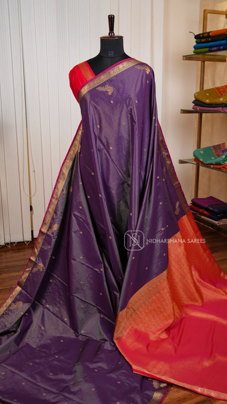 Semi Kanchipuram Silk With Zari Lines And Zari Butta Concept