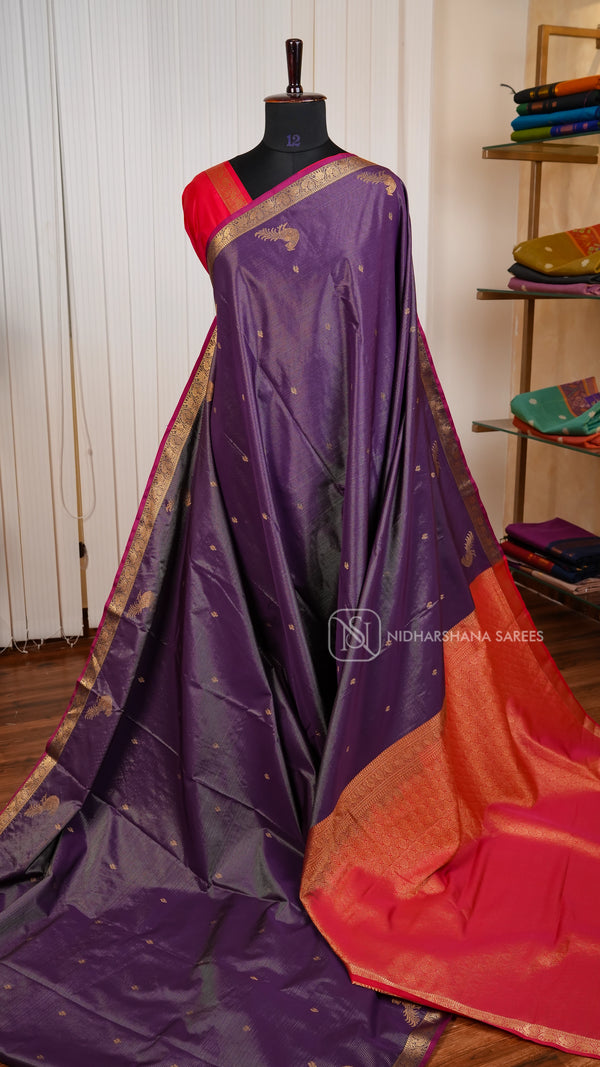 Semi Kanchipuram Silk With Zari Lines And Zari Butta Concept