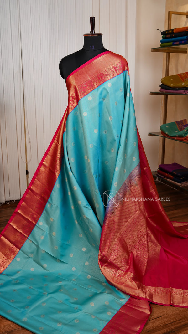 Semi Kanchipuram Silk With Zari Lines And Peacock Zari Weaving Concept