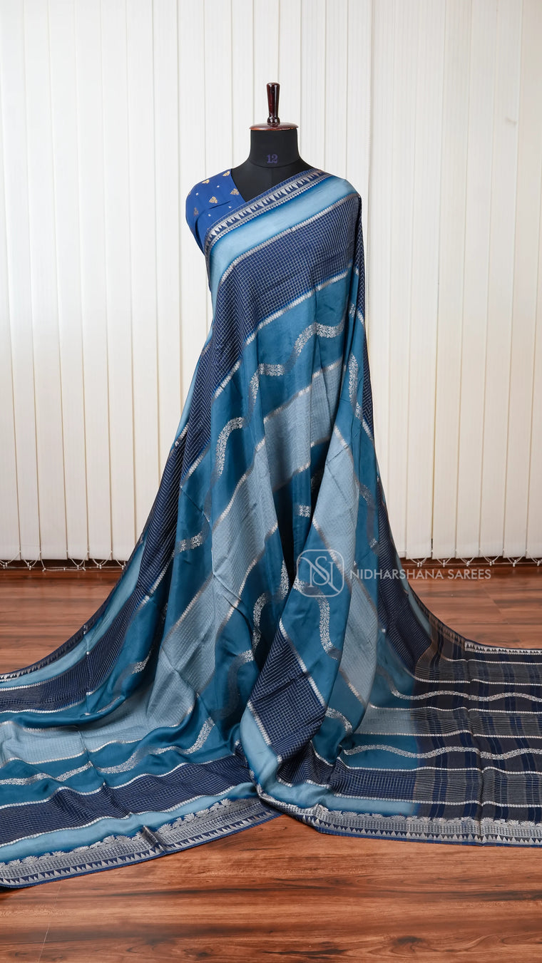 Premium Viscose Saree With Silver Zari Wave Pattern And Contrast Zari Checks Concept