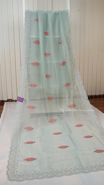 Pastel Blue Party Wear Saree With Super Net Fabric, Floral Thread Embroidery Butta's And  Cutwork Border