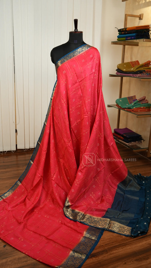 Viscose Silk With Zari Checks And Floral Zari Border