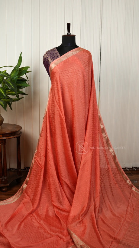 Premium Crepe Georgette With Thread Emboss And Floral Zari Border