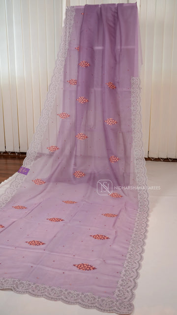 Lavender - Party Wear Saree With Super Net Fabric, Floral Thread Embroidery Butta's And  Cutwork Border