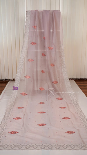 Pastel Pink- Party Wear Saree With Super Net Fabric, Floral Thread Embroidery Butta's And  Cutwork Border