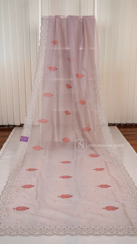 Pastel Pink- Party Wear Saree With Super Net Fabric, Floral Thread Embroidery Butta's And  Cutwork Border