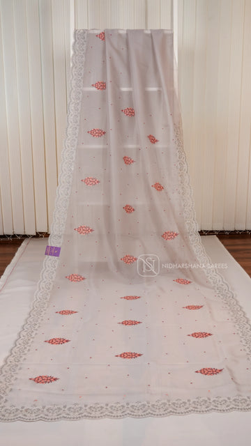 Pastel Grey- Party Wear Saree With Super Net Fabric, Floral Thread Embroidery Butta's And  Cutwork Border