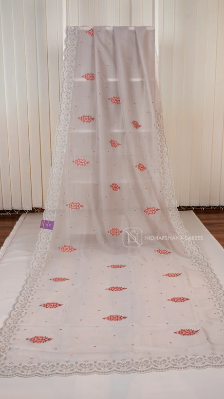 Pastel Grey- Party Wear Saree With Super Net Fabric, Floral Thread Embroidery Butta's And  Cutwork Border