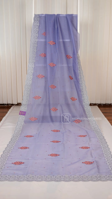 Blue Shade Party Wear Saree With Super Net Fabric, Floral Thread Embroidery Butta's And  Cutwork Border