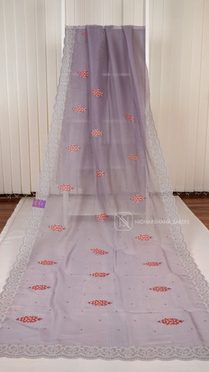 Pastel Lavender Party Wear Saree With Super Net Fabric, Floral Thread Embroidery Butta's And  Cutwork Border