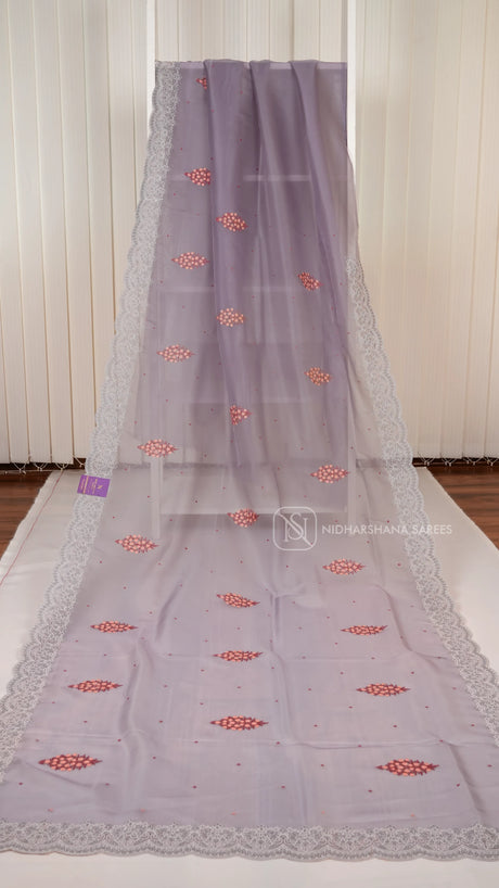 Pastel Lavender Party Wear Saree With Super Net Fabric, Floral Thread Embroidery Butta's And  Cutwork Border