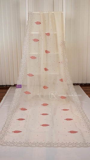 Half White Party Wear Saree With Super Net Fabric, Floral Thread Embroidery Butta's And  Cutwork Border