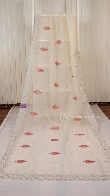 Half White Party Wear Saree With Super Net Fabric, Floral Thread Embroidery Butta's And  Cutwork Border