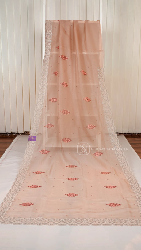 Pastel Peach Party Wear Saree With Super Net Fabric, Floral Thread Embroidery Butta's And  Cutwork Border