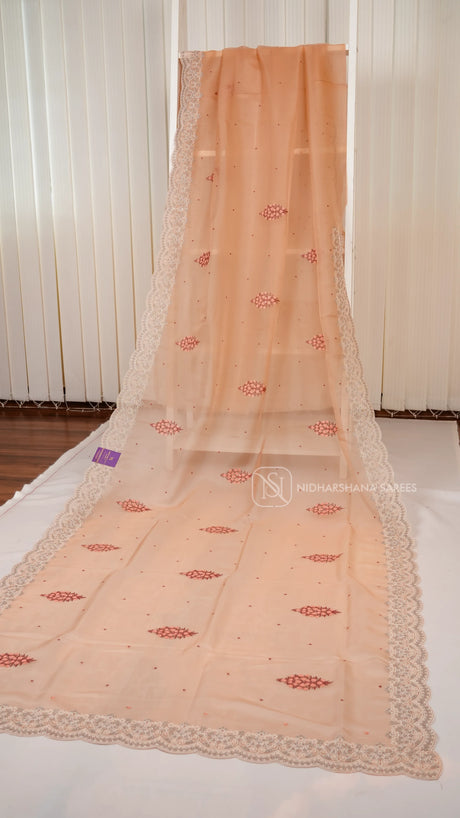 Peach Party Wear Saree With Super Net Fabric, Floral Thread Embroidery Butta's And  Cutwork Border