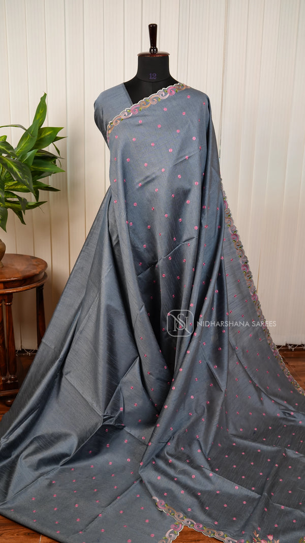 Premium Raw Silk With Floral Thread Embroidery Cut Work Border