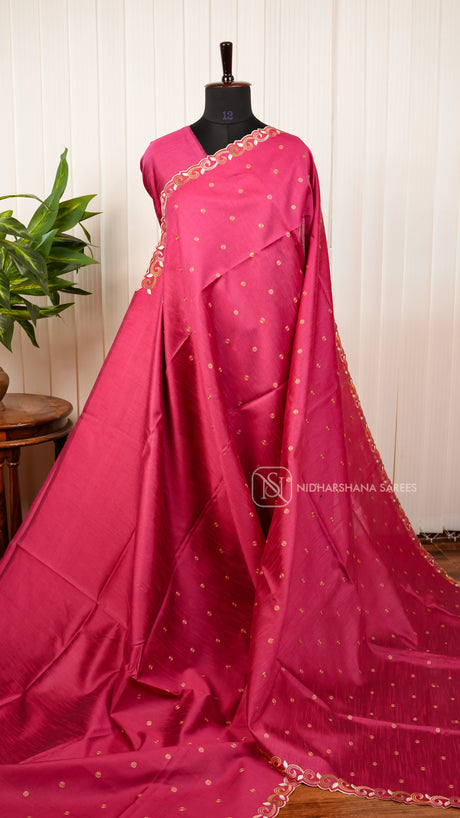 Premium Raw Silk With Floral Thread Embroidery Cut Work Border