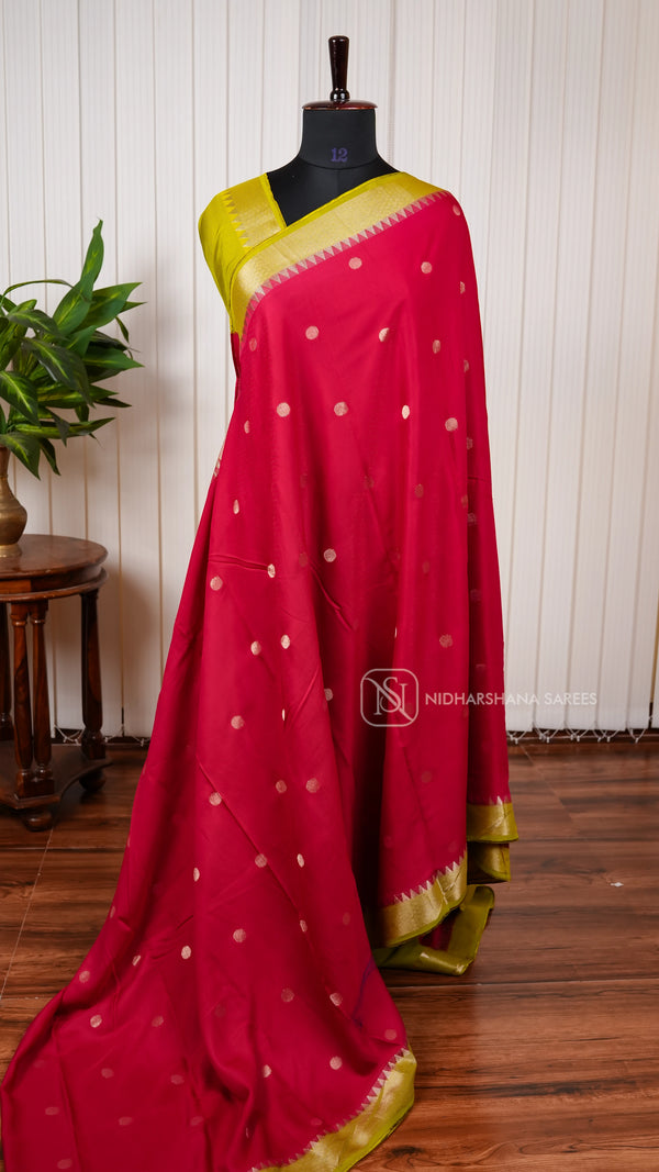 Butter Silk Saree With Zari Butta And Contrast Temple Weaving Border