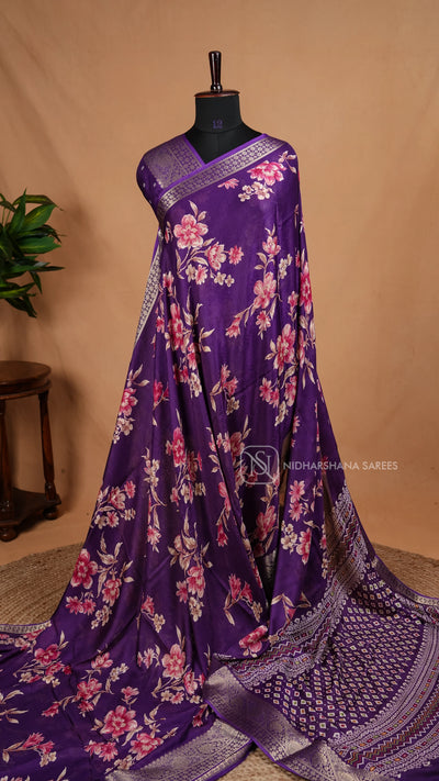 Muslin Georgette With Floral Digital Print And Zari Border