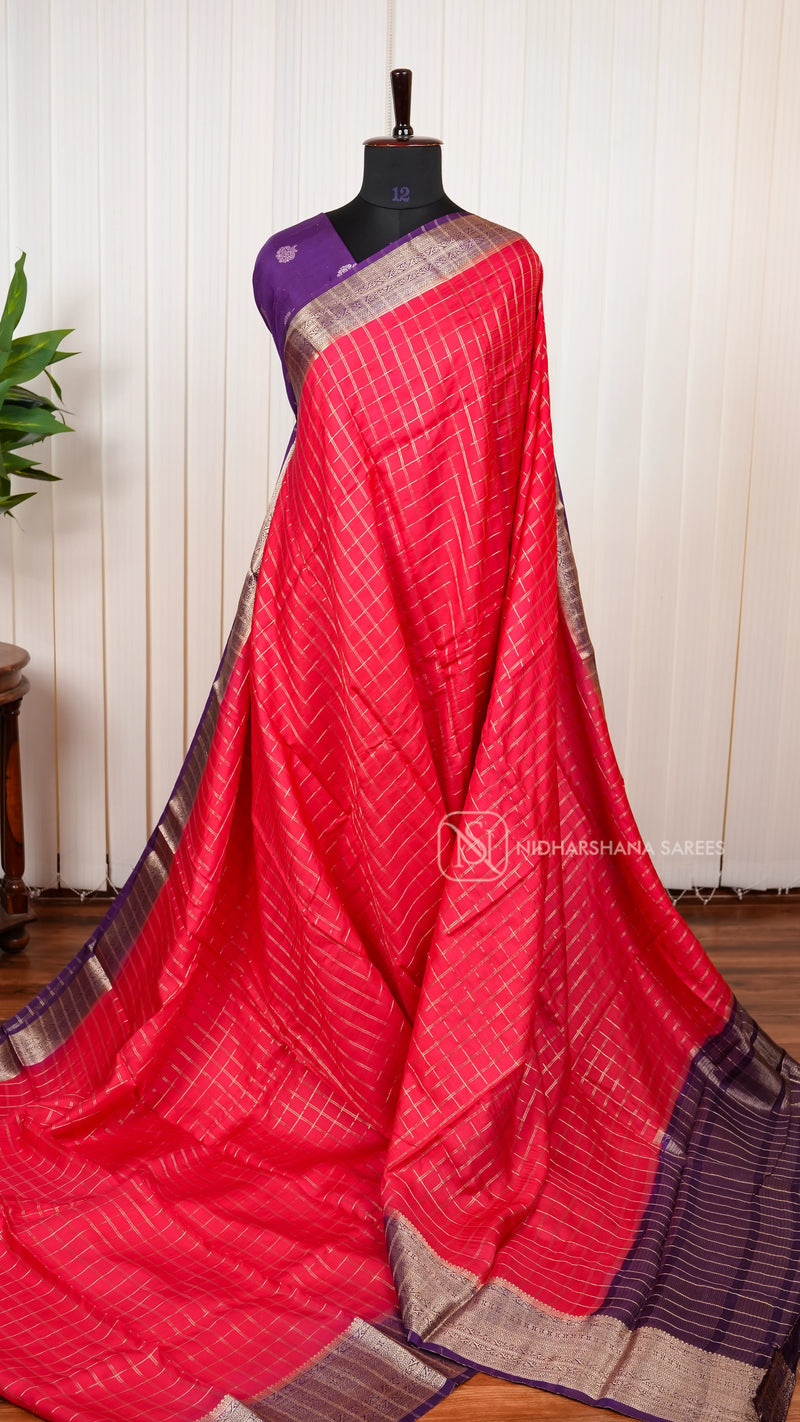 Butter Silk Saree With Zari Checks And Contrast Border