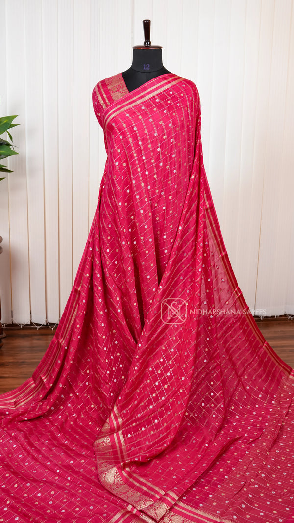 Chinon Crepe Silk With Zari Checks And Zari Border