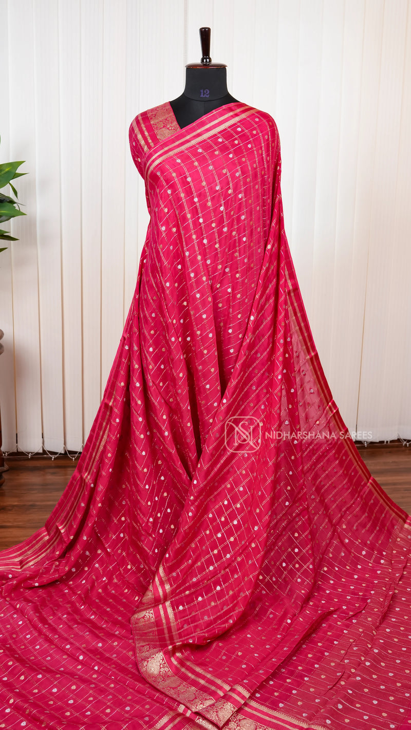 Chinon Crepe Silk With Zari Checks And Zari Border