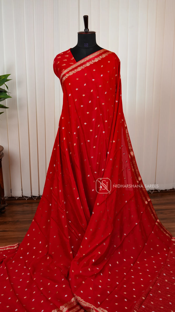 Premium Crepe Silk Saree With Silver And Golden Zari Butta