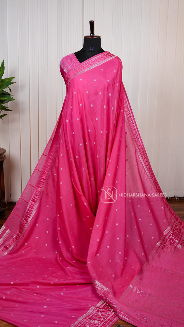Semi Tussar With Silver Zari Butta And Silver Zari Border