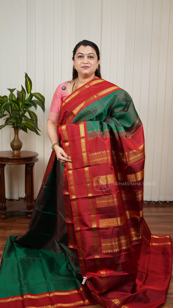 Pure Kanchipuram Silk Saree With Checks And Gap Style Zari Border